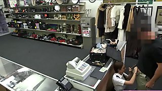 Charming and sexy ass stewardess sucks cock in the pawnshop and gets fucked